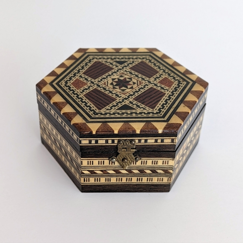 Vintage Spanish Marquetry Lacquered Mosaic Wood Inlay Jewellery Box with Mirror